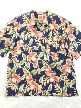 Pussers West Indies Shirt Mens Large Blue Silk Hawaiian Short Sleeve Button-Up